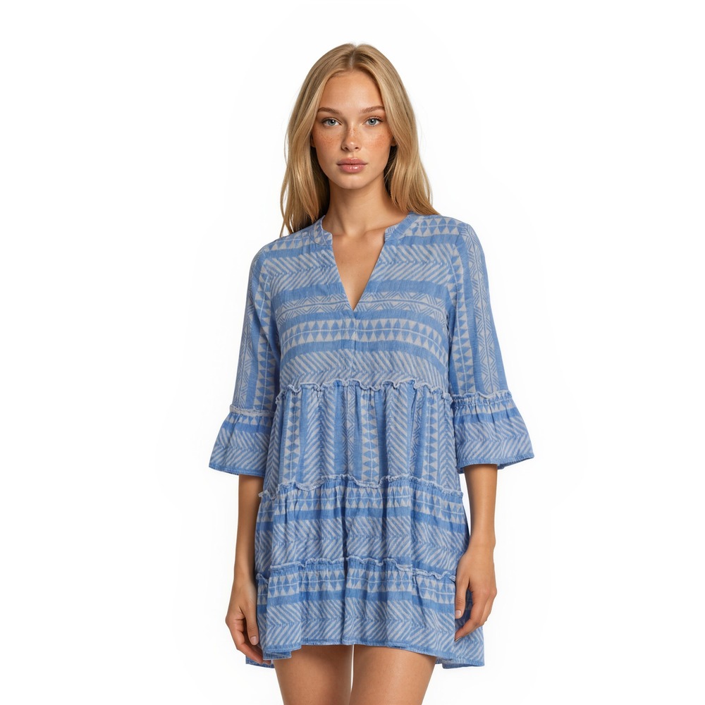 Mud Pie Dress Women's Size Small Blue White Geometric Tiered Bell Sleeve Mini